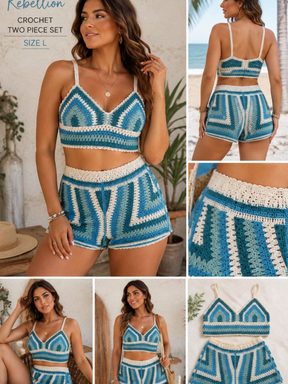 Crochet Knit Two Piece Set Blue Cream Boho Festival Beach Cover Up Womens L